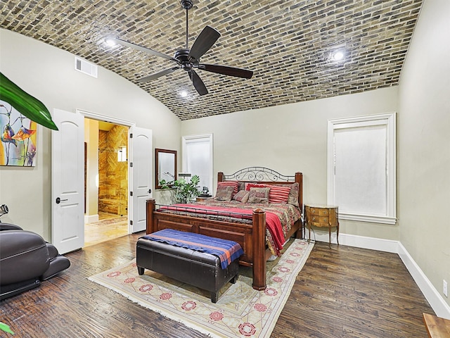 bedroom featuring brick ceiling, ceiling fan, high vaulted ceiling, and hardwood / wood-style flooring