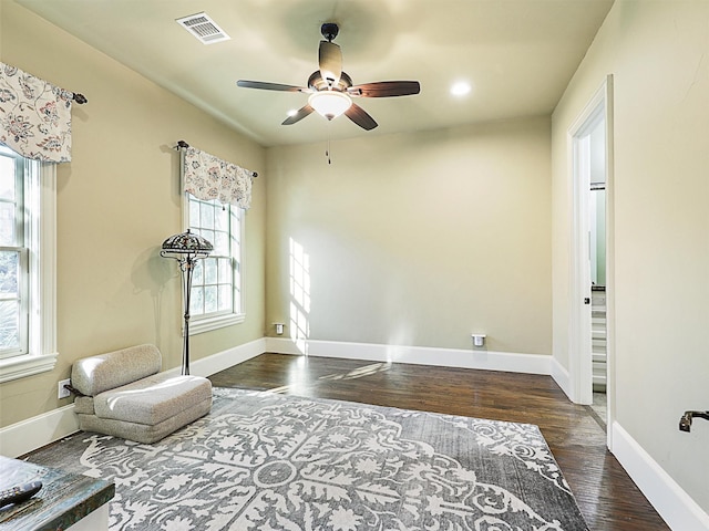 workout area featuring ceiling fan, a healthy amount of sunlight, and dark wood-type flooring