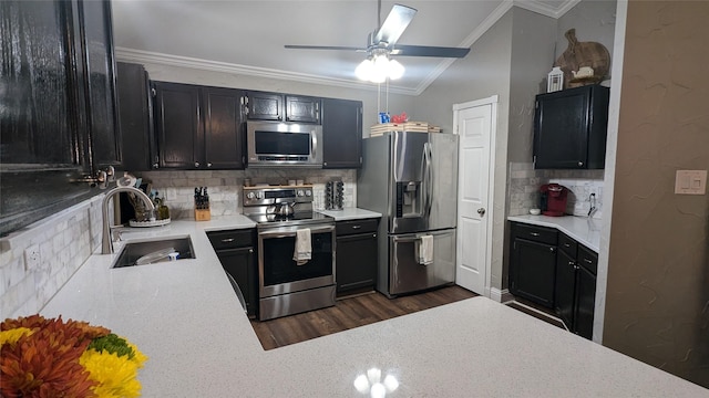 kitchen with tasteful backsplash, sink, ornamental molding, stainless steel appliances, and dark wood-type flooring