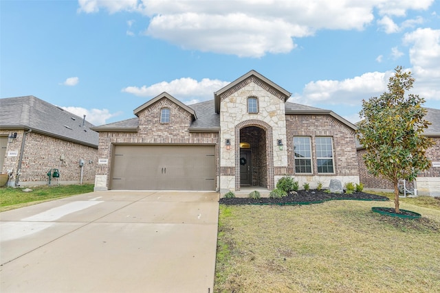 french country inspired facade featuring a garage and a front lawn