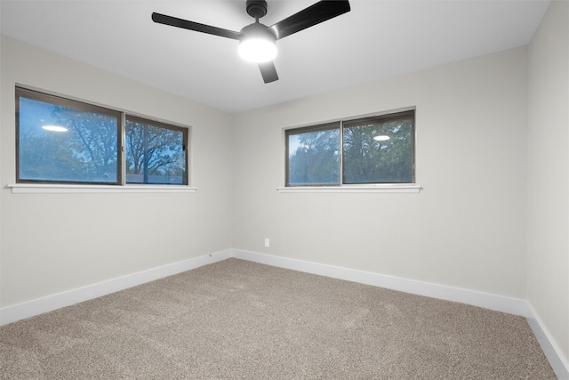 unfurnished room with ceiling fan and carpet