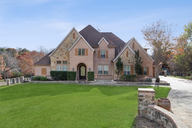 view of front of house featuring a front lawn and brick siding