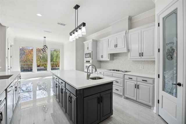 kitchen featuring visible vents, white cabinets, electric cooktop, crown molding, and a sink