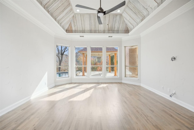 spare room with recessed lighting, ceiling fan, wood finished floors, wooden ceiling, and baseboards