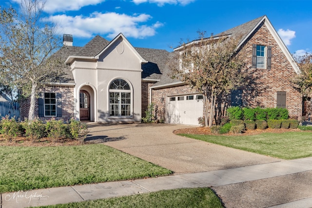 305 Paris Pl, Bossier City, LA 71111 - view of front of home with an attached garage, a chimney, a front yard, brick siding, and driveway