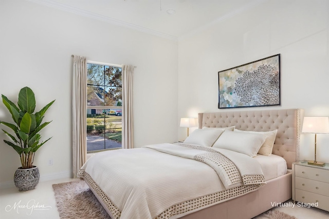 carpeted bedroom with ornamental molding