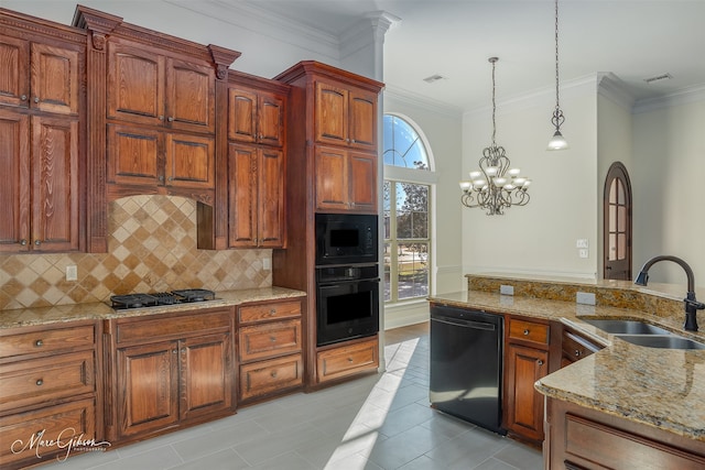 kitchen with black appliances, decorative backsplash, sink, a notable chandelier, and crown molding