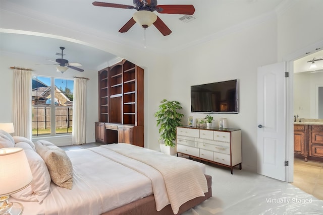 bedroom with crown molding and ceiling fan