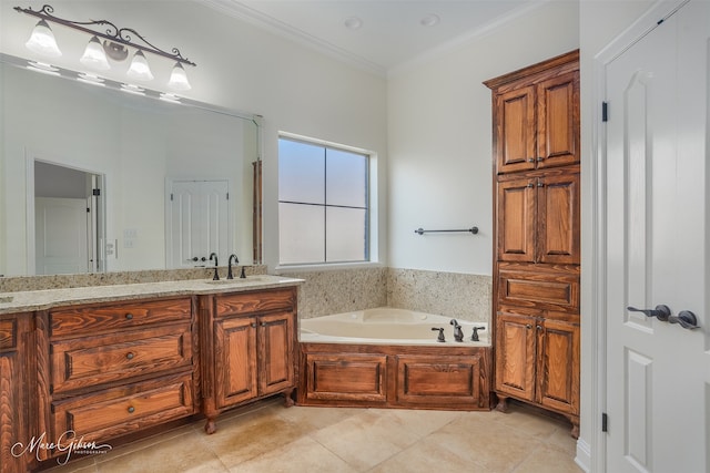 bathroom with tile patterned flooring, vanity, a tub, and crown molding