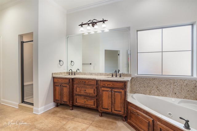 bathroom with vanity, crown molding, and plus walk in shower