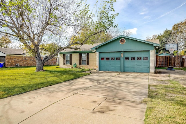 single story home with a front yard and a garage