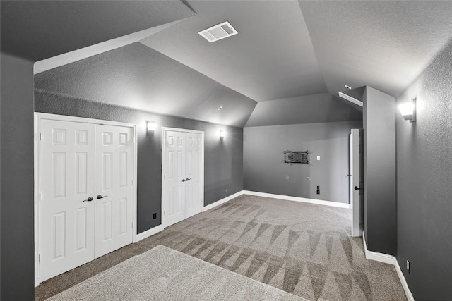 additional living space with carpet flooring, lofted ceiling, and a textured ceiling