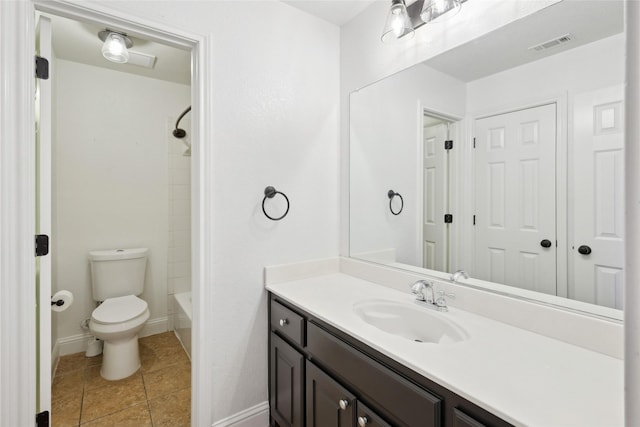 full bathroom with visible vents, baseboards, toilet, tile patterned flooring, and vanity