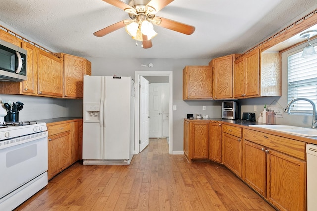 kitchen featuring sink, white appliances, a textured ceiling, light wood-type flooring, and ceiling fan