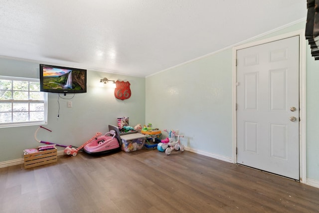 playroom featuring hardwood / wood-style flooring and ornamental molding