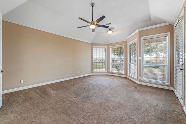 spare room featuring a wealth of natural light, ornamental molding, and vaulted ceiling