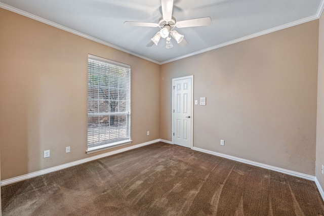 carpeted empty room with crown molding and ceiling fan