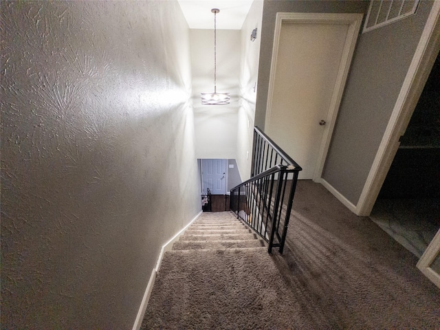 stairs featuring carpet flooring