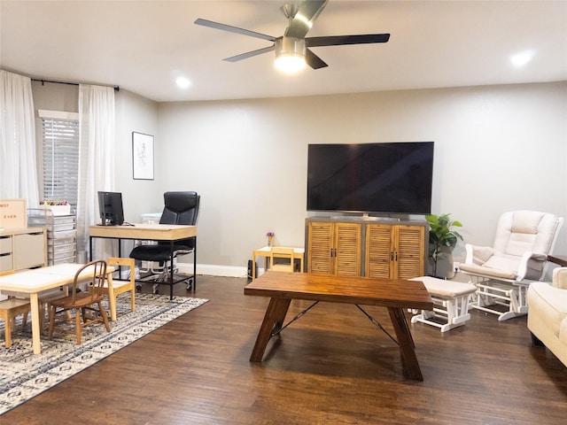 interior space with ceiling fan and dark wood-type flooring