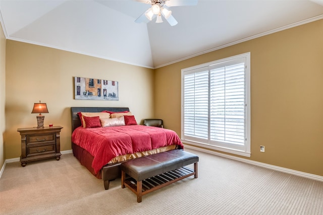 bedroom with light carpet, crown molding, lofted ceiling, and ceiling fan