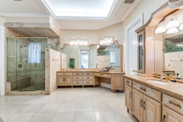 bathroom with ornamental molding, a shower with shower door, tile patterned flooring, and vanity