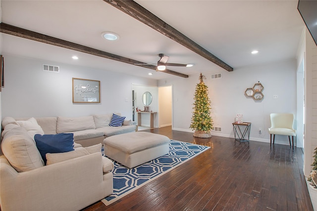 living room with beamed ceiling, ceiling fan, and dark hardwood / wood-style floors