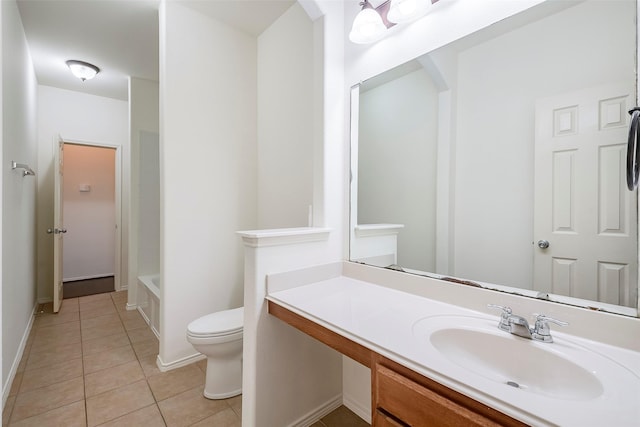 full bath with toilet, bathing tub / shower combination, baseboards, vanity, and tile patterned floors