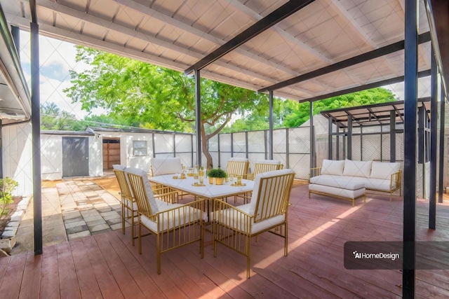 wooden terrace featuring an outdoor living space and a storage shed