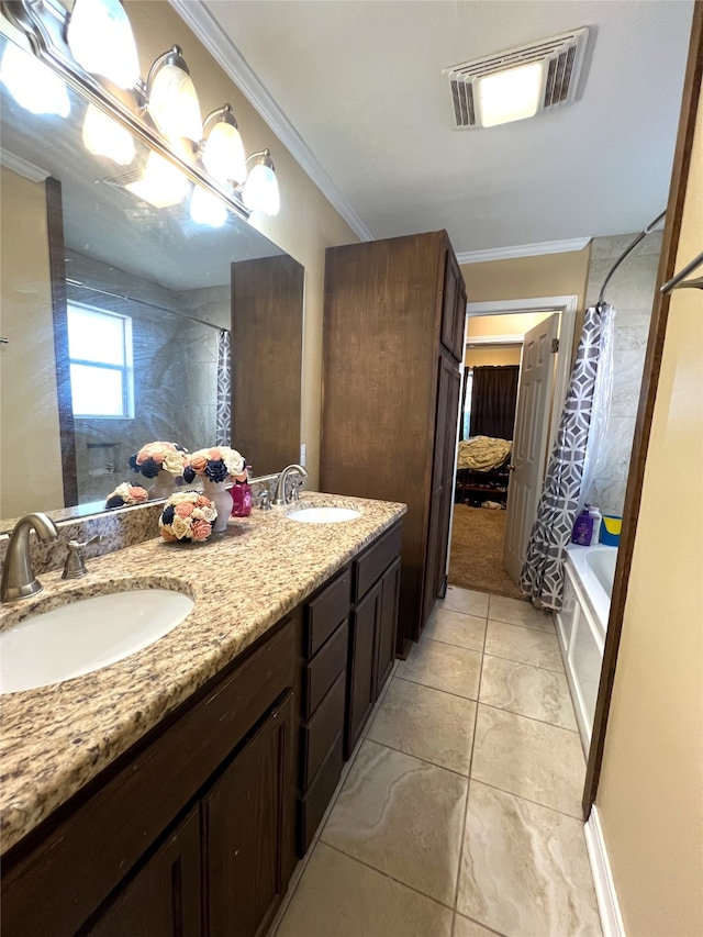 bathroom with shower / bath combination with curtain, ornamental molding, and vanity