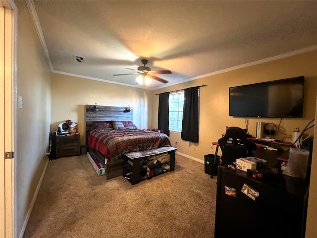 carpeted bedroom featuring crown molding, ceiling fan, and a textured ceiling