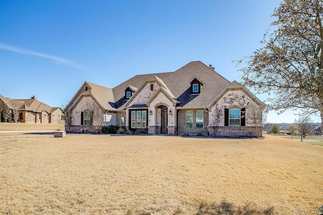 french country home with stone siding, brick siding, a front yard, and a shingled roof