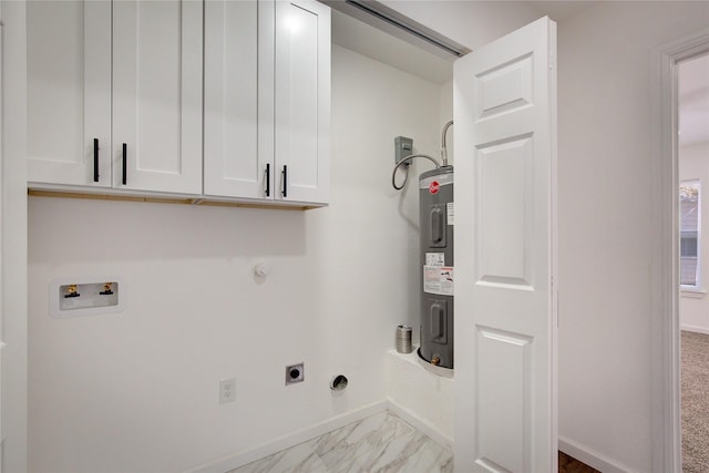 laundry area with hookup for an electric dryer, cabinets, electric water heater, and hookup for a washing machine