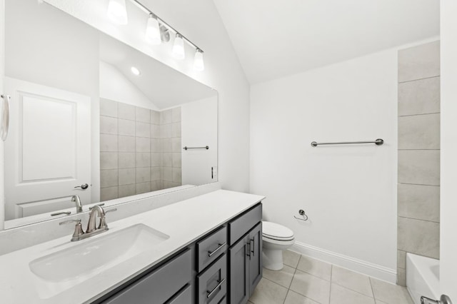 full bathroom featuring toilet, tile patterned flooring, vaulted ceiling, shower / bathtub combination, and vanity