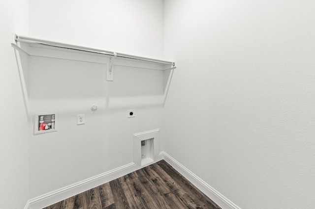 laundry room featuring washer hookup, dark wood-type flooring, hookup for an electric dryer, and hookup for a gas dryer