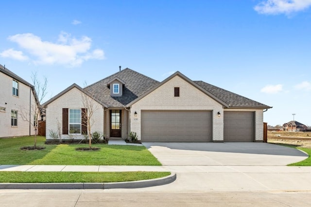 view of front of home featuring a front yard and a garage