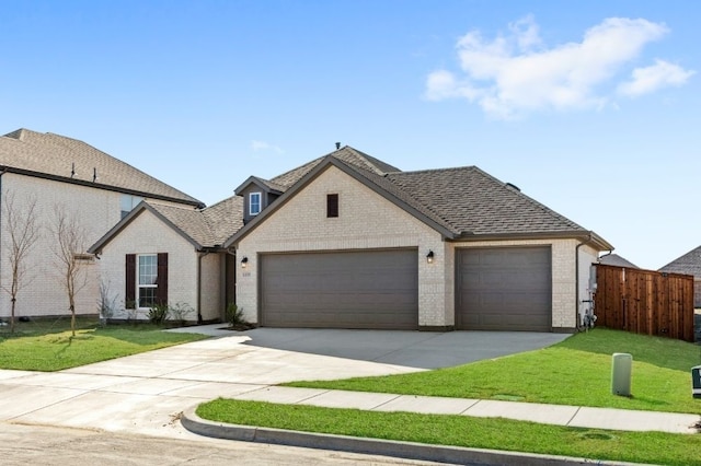 french provincial home featuring a garage and a front yard