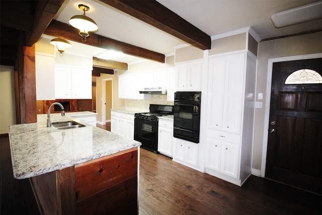 kitchen featuring black appliances, dark hardwood / wood-style floors, white cabinets, and sink