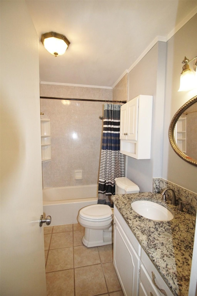 full bathroom with vanity, tile patterned floors, toilet, shower / bathtub combination with curtain, and ornamental molding