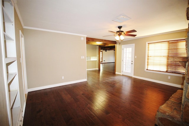 unfurnished living room with ornamental molding, ceiling fan, and dark wood-type flooring