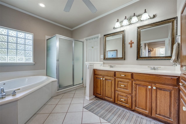 bathroom featuring shower with separate bathtub, vanity, tile patterned floors, and ornamental molding