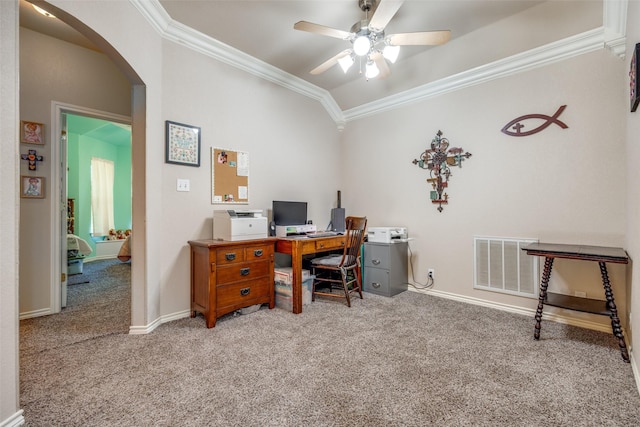 carpeted office space featuring crown molding, ceiling fan, and vaulted ceiling