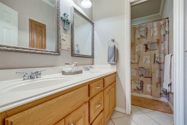 bathroom featuring vanity, tile patterned floors, and shower / bathtub combination with curtain