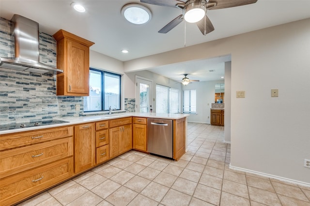 kitchen with wall chimney range hood, dishwasher, backsplash, black electric stovetop, and kitchen peninsula