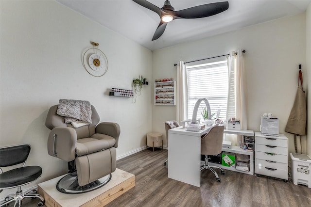 office area featuring dark wood-type flooring and ceiling fan