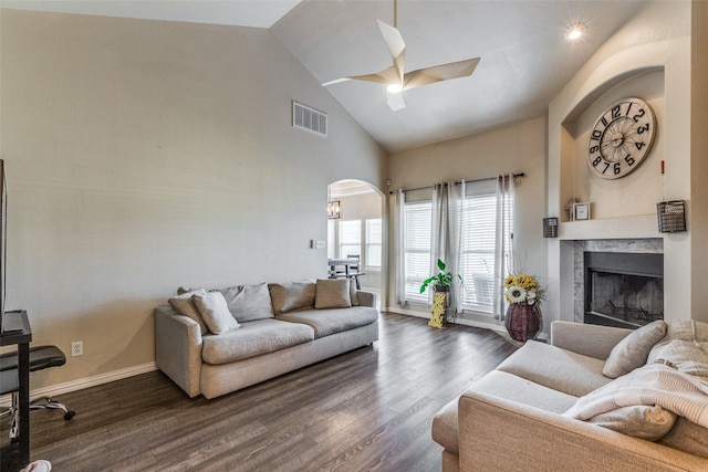 living room featuring high vaulted ceiling, dark hardwood / wood-style floors, and ceiling fan