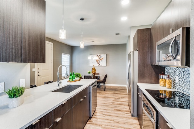 kitchen featuring backsplash, sink, hanging light fixtures, light hardwood / wood-style flooring, and stainless steel appliances