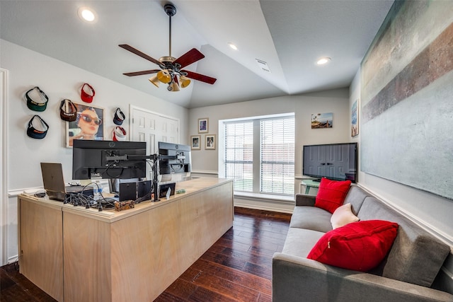 home office featuring dark hardwood / wood-style floors, ceiling fan, and lofted ceiling