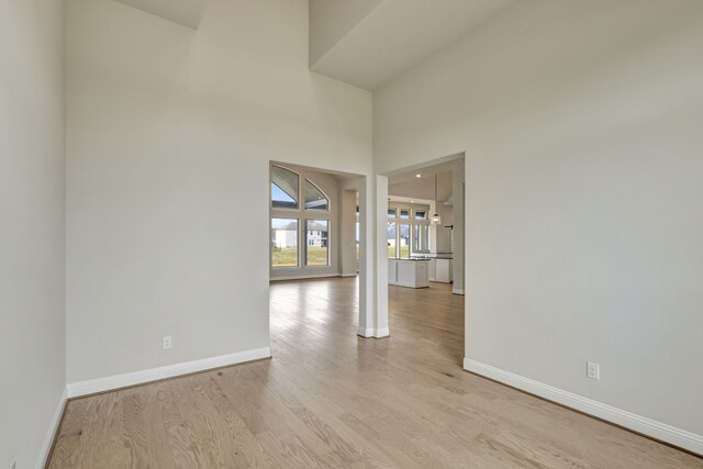 spare room featuring a towering ceiling and light wood-type flooring