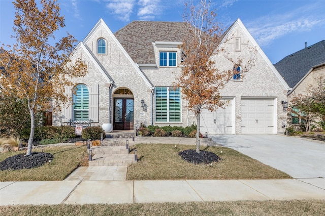 view of front of home featuring french doors, a front lawn, and a garage