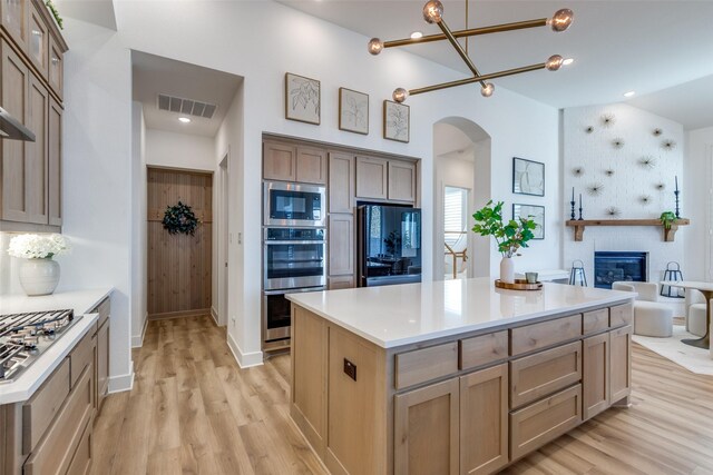 kitchen featuring light wood-type flooring, stainless steel appliances, and a kitchen island